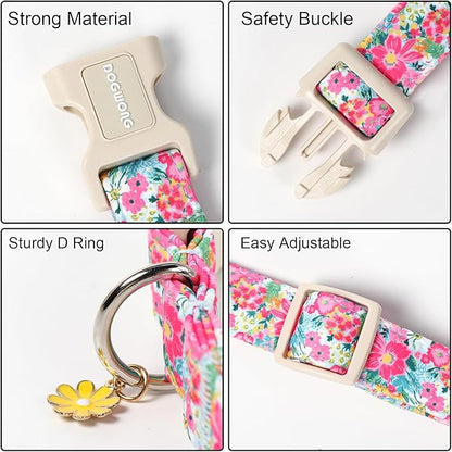 DOGWONG Spring Flower Dog Collar-Cute Floral Daisy Dog Collar, Adjustable Soft Girl Female Dog Collar for Small Medium Dogs, M