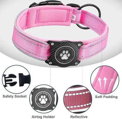 Airtag Dog Collar with Waterproof Air Tag Holder, Luminous Reflective, Soft Padded, Adjustable Nylon Pet Collar for Small Medium Large Heavy Duty Dogs,Pink, M