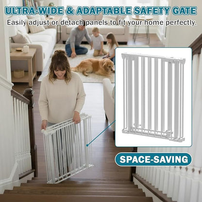 Mumeasy 80" Extra Wide Baby Gate for Doorways, Stairs & Fireplace, Auto Close Dog & Pet Gate with Walk Thru Door, 3 Metal Panels, Hardware Mounted Child Safety Fence for House, Indoor/Outdoor, White