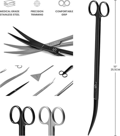 UNS Aquascaping Tools - Stainless Steel, Rust Resistant, Freshwater Planted Tank, Saltwater Reef Aquarium Maintenance Accessory - Trimming Stems & Carpets, Coral Cutting - Curved Scissors, Black