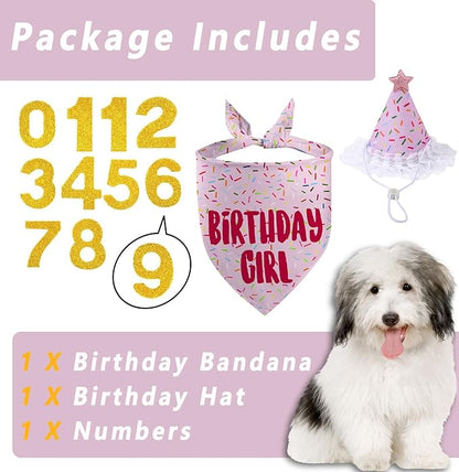 Dog Birthday Bandana Set, Light Pink Birthday Girl Decorations, HBD Party Supplies with Hat Bandana Numbers for Pets (Light Pink)