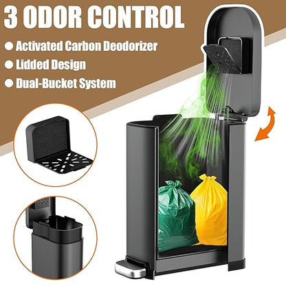 Dog Poop Trash Can Outside with Odor Control Lid & Step Pedal, 3.2Gal Stainless Steel Outdoor Trash Can, Waterproof Dog Waste Container - Includes 3 Carbon Filters & Bin Bag Holder