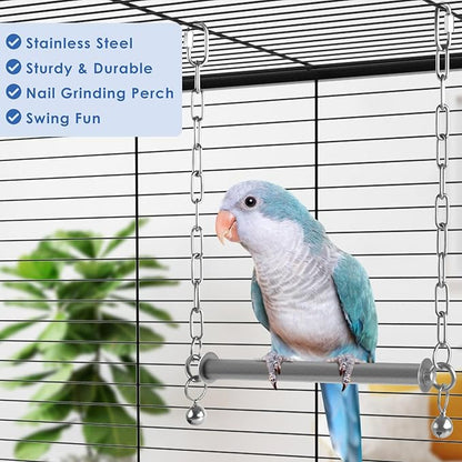 Stainless Steel Large Bird Swing, Hanging Heavy Duty Parrot Swings Perches Stand Toys with Bell, Claw Grinding Birdcage Accessories for Macaw Afican Grey Amazon Cockatoo