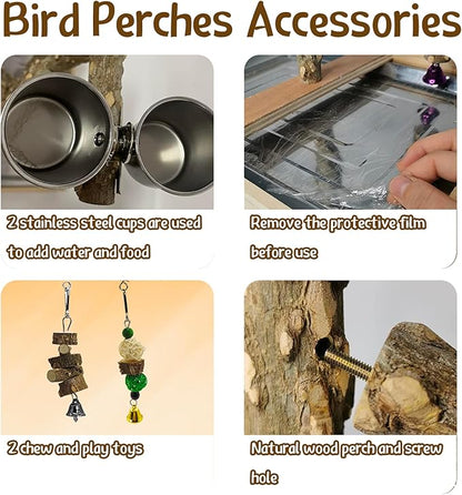 Tfwadmx Bird Perch Natural Wood Stand Toy Parrot Play Stand Platform Bird Cage with Removable Tray and 2 Stainless Steel Cups for Parakeets Canaries Cockatiels Conure Lovebirds