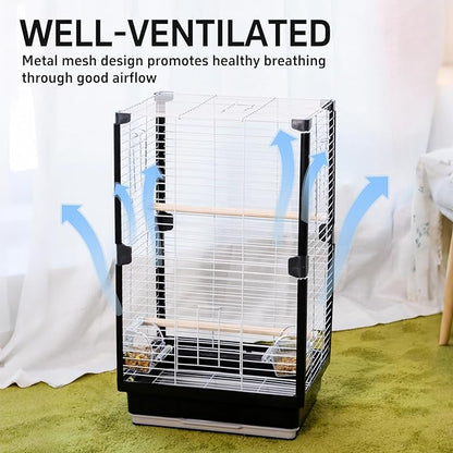 25 inch Bird Cage, Portable Travel Parrot Cage, Double-Layer Parakeet Cage, for Temporary Pet Accommodation, Trip to Vet, Short Trip, Camping, Black & White