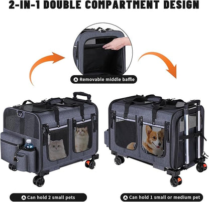 Cat Carrier for 2 Cats,Cat Carrier with Wheels for Cats and Dogs, Foldable Double Pet Carrier, Rolling Dog Carrier with Detachable Wheels and Telescopic Handle,2 Front Zippered Compartments Gray