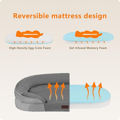 Dwanton Orthopedic Dog Bed for Large Dogs with Gel Memory Foam, Waterproof Dog Sofa, Washable Pet Bed with Four Sided Bolster Cushion, Removable Cover & Non-Slip Bottom, 42", Medium Gray