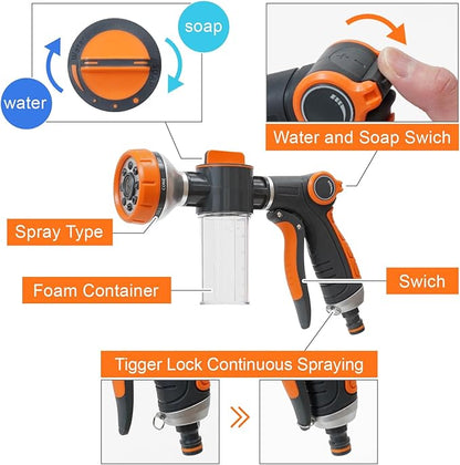 Garden Hose Nozzle, 8 Spray Patterns Dog Wash with Soap Dispenser, Pressure Hand Sprayer with Flow Control for Watering Plants & Lawns, with Pet bathing tools and car washing gloves