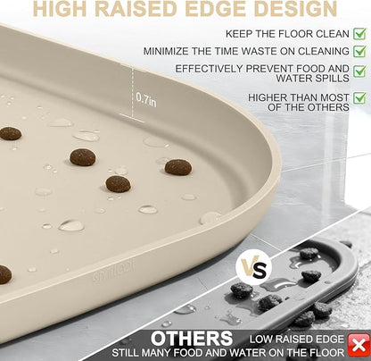 Silicone Pet Food Mat with Raised Edge for Food and Water Bowl, Dog Feeding Mats, Cat Food Trays for Floor Waterproof, Rubber Tray for Dogs and Cats, 19 x 12 x 0.7 Beige