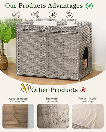Cat Litter Box Enclosure Furniture, Handwoven Rattan Hidden Litter Box with Mat, Large Space Cat House with 2 S-Shaped Hooks 30.3 x 18.3 x 24.4 Inches, Indoor for Living Room Apartment Gray
