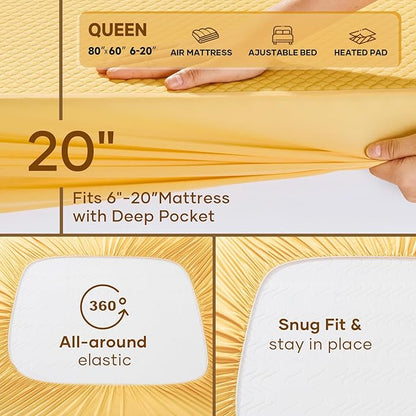 OhGeni 100% Waterproof Mattress Protector,Queen Size Mattress Soft Pad,Pet Hair & Bedwetting Resistant,Cooling Breathable Fitted Sheets,Washable Bed Cover,Non-Slip Deep Pocket,Noiseless,Yellow