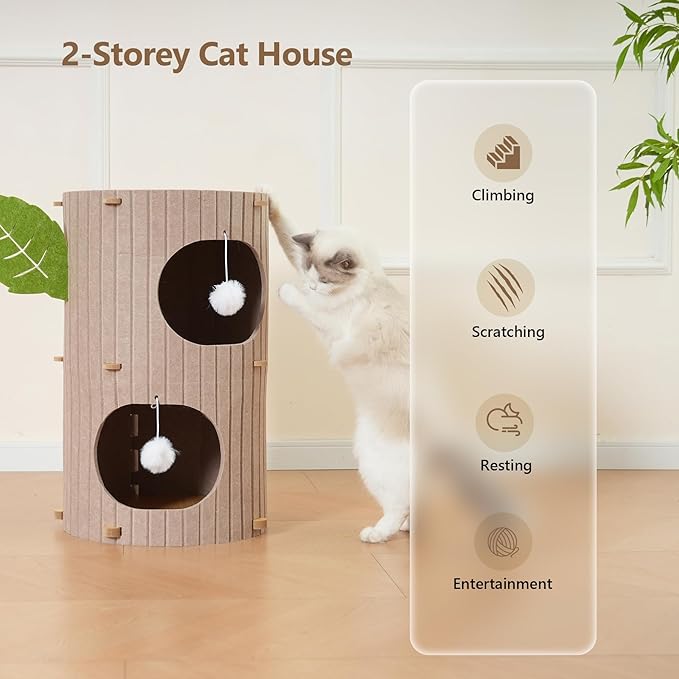 Cat House for Indoor Cats, 2-Storey Large Cat Bed Cave, Felt Covered Cats Tunnel Condo,23.6"