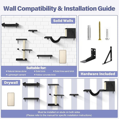 Cat Wall Shelves, Stable & Safe 6 in 1 Cat Furniture Set Black, for Cats to Climb, Hide, Lounge, and Scratch