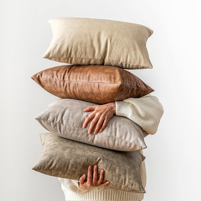 Faux Leather Pillow Covers, Pack of 2 Beige Rustic Neutral Vintage Decorative Cushion Covers 20x20, for Home Decor Outdoor Waterproof Pet Hair Resistant Abrasion Throw Pillow Covers