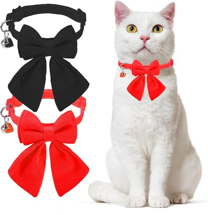 Cat Collar Breakaway with Bells, Soft Pure Cotton Bowtie Collar for Girl Boy Cats, 2 Pack Cute Personalized Small Kitten Collars with Bow for Weddings Parties, Red and Black, 8-12 Inch