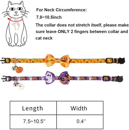 ADOGGYGO Halloween Cat Collars with Bow Bell, Breakaway Kitten Collar with Bowtie Pumpkin Ghost Halloween Collar for Girl Boy Cats Kittens