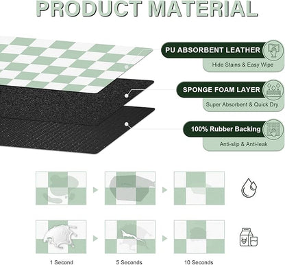 Pet Feeding Mat, 16"x 24" Absorbent Dog Food Mat, Checkered Cat Bowl Mats, Easy to Clean Pet Placemats, Quick Dry Dog Water Dispenser Mats for Messy Drinkers, Green & White