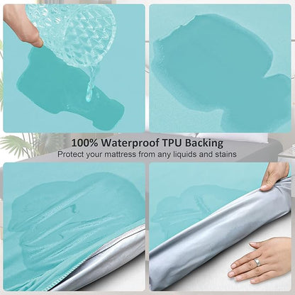 Twin Mattress Protector Waterproof, Fitted Sheet Style Breathable Mattress Cover with Deep Pocket Fits Up to 18'', Noiseless Bed Cover for Kids Adults Pets, Machine Washable (Cyan, 39'' X 75'')