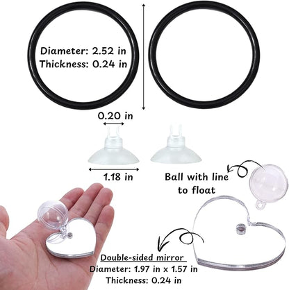 Betta Ring and Mirror Toy for Aquarium, 2 pcs Betta Ring Enrichment Toys, Floating Exercise Mirrors for Fish Tank and Training Feeding Rings, Fish Toys, Aquarium Accessories (Black, M-Heart)