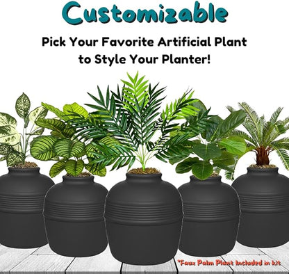 Good Pet Stuff Hidden Litter Box Planter, Decorative Cat Litter Enclosure with Carbon Filter, Artificial Plant, Easy Clean, Removable Liner, Round Style, Essentials Kit, Matte Black