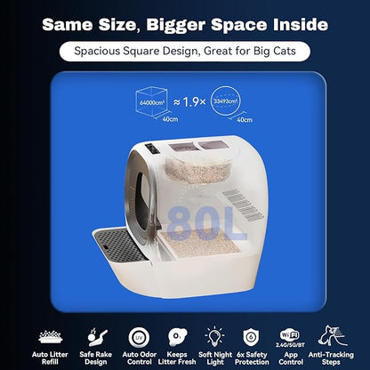 Self Cleaning Litter Box Auto Refill, Automatic Robot Litter Box for Multiple Cats, Ultra-Safe Scooping/Odor Control System/6 x Safety Sensor/5G App, Anti-Leakage 80L Kitty Box Waste Disposal