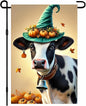 Happy Fall Garden Flag Halloween Flag Cute Cow Calf 12x18 Inch Witch Hat Pumpkins Autumn Leaves Festive Double Sided Outdoor Banner For Front Yard Porch Lawn Patio Seasonal Home Decor