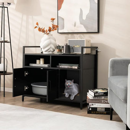 Giantex Cat Litter Box Enclosure - Cat Washroom Hidden Furniture with Front Entry, Scratcher, 2-Door Storage Cabinet, 2 Compartments, Air Vents, Metal Frame, Wooden Pet Crate House (Black)