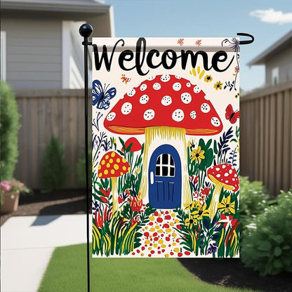 Mushroom House Garden Flag 12x18 Inch Welcome Yard Banner Whimsical Fairy Tale Style Double Sided Outdoor Decoration for Porch Lawn Patio Spring Summer Seasonal Garden Decor