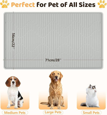 Silicone Cat & Dog Food Mat, 28" x 22" Large Pet Feeding Mat for Cats and Dogs Bowl, Pet Placemat for Food and Water with Raised Edge, Waterproof, Leakproof (Grey)