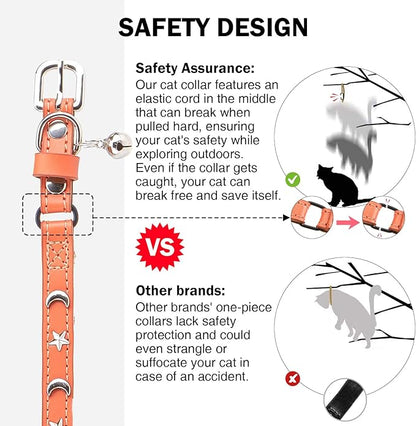 Leather Cat Collars for Boy Girl Cats with Bell and Safety Elastic Belt, Personalized Star and Moon Stud Adjustable Safe Buckle Collar for Kitty Small Big Cats Size 8-12 Inch, Orange