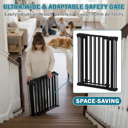Mumeasy 80" Extra Wide Baby Gate for Doorways, Stairs & Fireplace, Auto Close Dog & Pet Gate with Walk Thru Door, 3 Metal Panels, Hardware Mounted Child Safety Fence for House, Indoor/Outdoor, Black