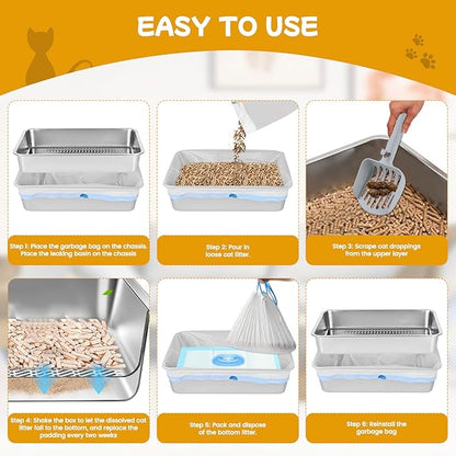 23.6''x15.7''x8'' Stainless Steel Sifting Litter Box, XXL Large Metal Sifting Cat Litter Box for Pine Pellets, Litter Pan Tray System for Indoor Cats with Scoop and Pee Pad, Easy to Clean(8 Inch)