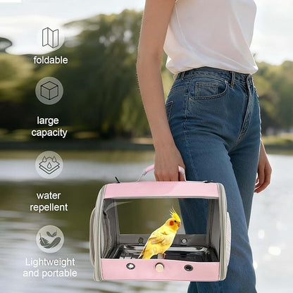 Long Tail Bird Travel Carrier Cage with Tray and Stand Perch, Portable Lightweight Clear Windows Carry Bag for Parakeet Budgies Cockatiel Transport to Vet (Pink, Cylinder Design - Clear)