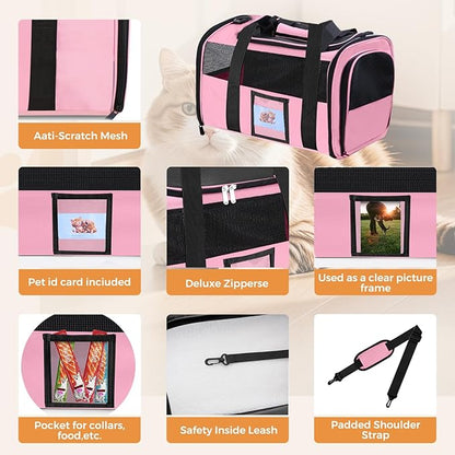Soft Cat Carrier for Pets Up to 15 lbs, TSA Approved for Airline in-Cabin, Cat Travel Bag with Detachable Cat Food Bowl, Pet Carriers for Small Dogs, Waterproof Travel Puppy Carry, Pink