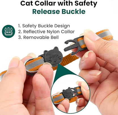 Cat Collar with AirTag Holders, 3-Pack, Reflective Breakaway Safety Collars, Bells and Matching Charms, Adjustable, Paw Hearts, Moon Stars Design, Lucky Charm, Red, Blue, Black (Orange)