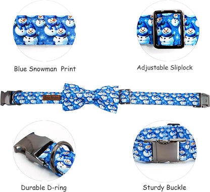 Christmas Dog Collar, Cotton Winter Dog Collars with Bow Cute Blue Snowman Pet Collar Removable Blue White Winter Pet Collars with Metal Buckle for X-Small Girl and Boy Dogs
