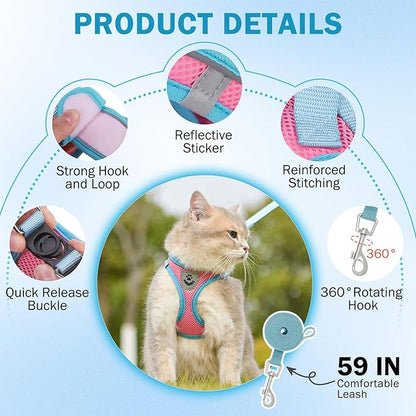 SCENEREAL Cat Harness and Leash Set Escape Proof, Adjustable Soft Air Mesh Kitten Harnesses for Girls Boys Small Medium Big Cats, Reflective Light Travel Pet Walking Vest for Puppy Rabbit, Pink XL