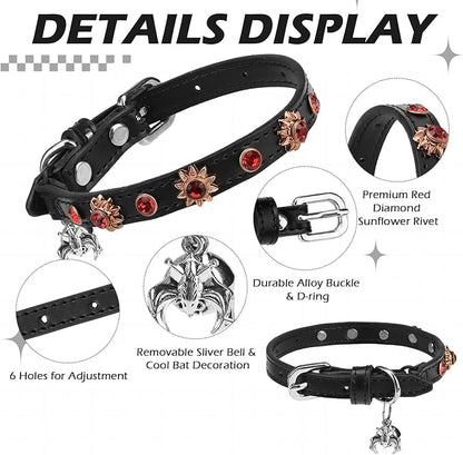 EXPAWLORER Cat Collar for Girl Boy- Adjustable Leather Pet Collar with Safety Elastic Belt,Personalized Punk Accessories Buckle Collars with Bell & Durable D-Ring,Red Diamond Sunflower