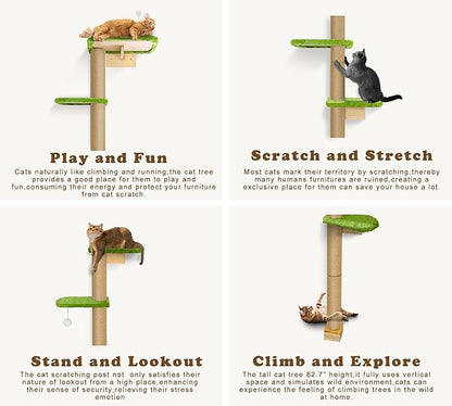Floor to Ceiling Cat Tree for Kittens, Wall Mounted Cat Wall Furniture with Green Plush Pads, 5 Platform Wild Simulation Climbing Tower, Adjustable Height