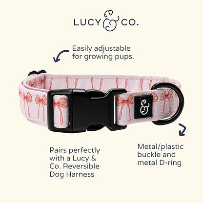 Lucy & Co. Ballet Bows Dog Collar - Durable Lightweight Designer Collar for Pets - Adjustable Metal Safety Buckle - White & Pink Bows - Large