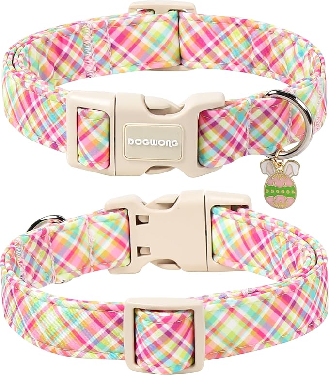 DOGWONG Easter Dog Collar, Cute Easter Colorful Plaid Pet Collar Durable Holiday Girl Boy Adjustable Cotton Dog Collars for Large Dogs,XL Visit The Elegant Little Tail Store