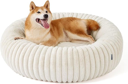 Bedsure ComfyFleece™ Donut Large Dog Bed - Washable Faux Fur with Corduroy Fleece & Anti Slip Bottom, Round Pet Bed with Removable Cover, Cream, 36x36x8 inches