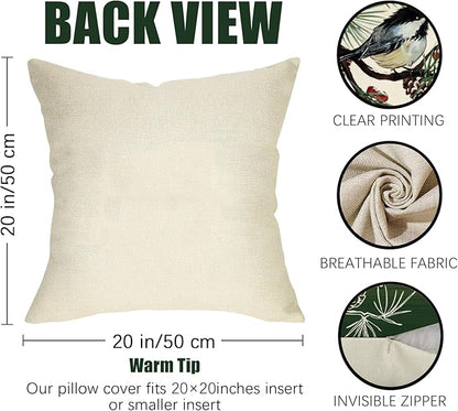 Fahrendom Hello Winter Green Decorative Throw Pillow Covers 20 x 20 Set of 4, Chickadee Pine Needle Branch Porch Patio Outdoor Pillowcase, Christmas Pine Cone Red Berry Sofa Cushion Case Home Decor