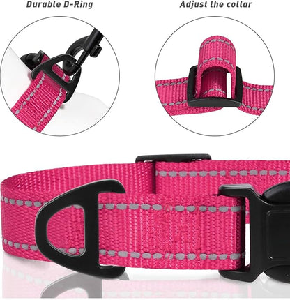 TagME Small Dog Collars, Adjustable Reflective Nylon Pet Collar with Quick Release Buckle for Small Dogs, Hot Pink, 5/8" Width