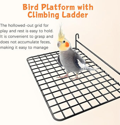 BNOSDM 4 PCS Bird Perches Platform, Stainless Steel Grid Platform for Parakeet Parrot Stand with Climbing Ladder Bird Cage Accessories for Small to Large Birds (White)