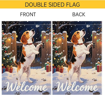 Beagle Dog Welcome Garden Flag 12x18 Inch Double Sided Christmas Burlap Yard Banner for Winter Holiday Outdoor Decor Farmhouse Seasonal Pet Decoration