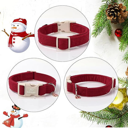 Cute Corduroy Dog Collar - Burgundy Adjustable Dog Collars for X-Small Dogs 4-10lbs, Fade-Proof with Secure Snap & Little Charm, Christmas Birthday Gift, XS