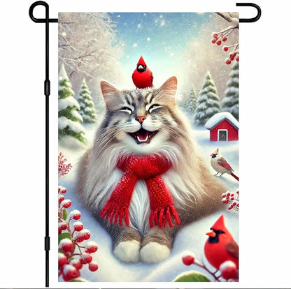 Christmas Garden Flag Cute Cat Red Cardinal Winter Snow Scene Outdoor Yard Flag 12x18 Inch Double Sided Banner For Front Yard Porch Lawn Patio Festive Holiday Seasonal Home Decor