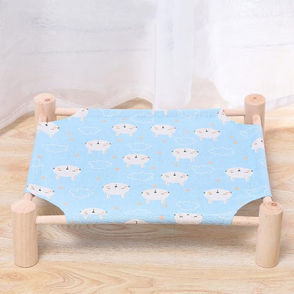 Pozico Cat & Dog Hammock Bed – Wooden Elevated Pet Cot with Breathable Mesh – Raised Cat Bed for Small Pets, Portable Puppy Bed Indoor & Outdoor Use – Blue Rabbit Design