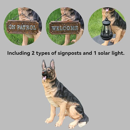 German Shepherd Statue Outdoor Decorations – Dog Statues Outdoor Sitting German Shepherd with Replaceable Solar Light & Welcome Sign for Porch Décor